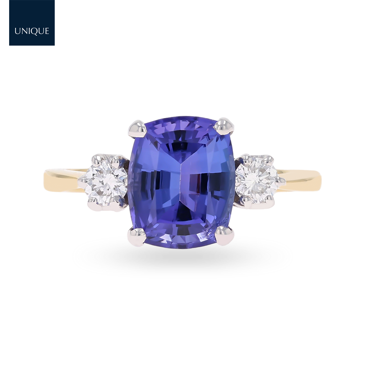 18ct Yellow Gold Cushion Shaped Tanzanite & Diamond Trilogy Ring