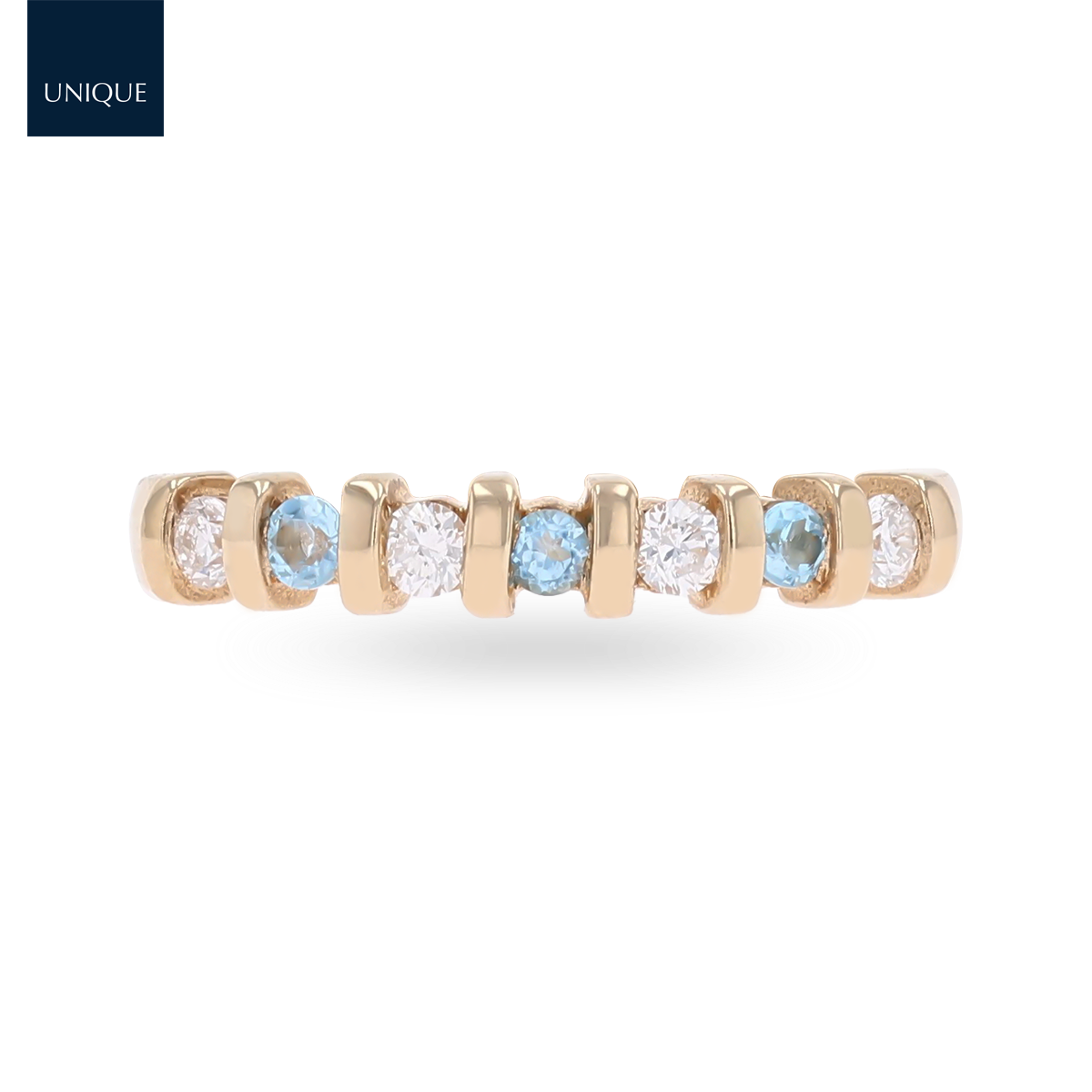 9ct Yellow Gold Blue Topaz & 0.23cts Diamond Bar Set Eternity Ring