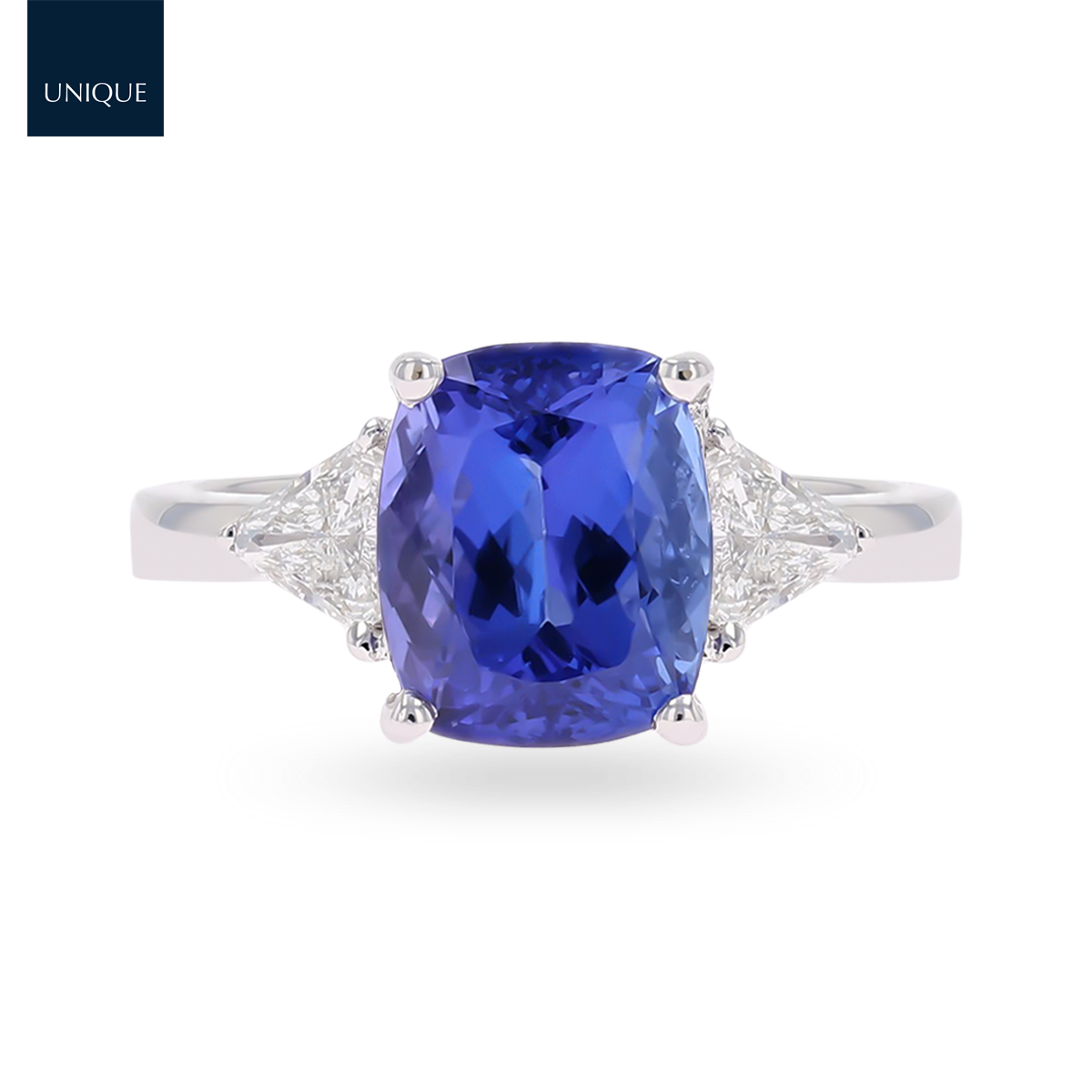 18ct White Gold Cushion Shaped Certified 3.86ct Tanzanite 0.66ct Diamond Trilogy Ring