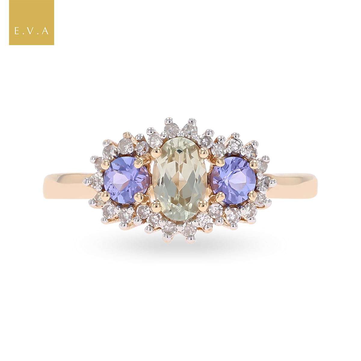 14ct Yellow Gold Diaspore, Tanzanite & Diamond Cluster Ring