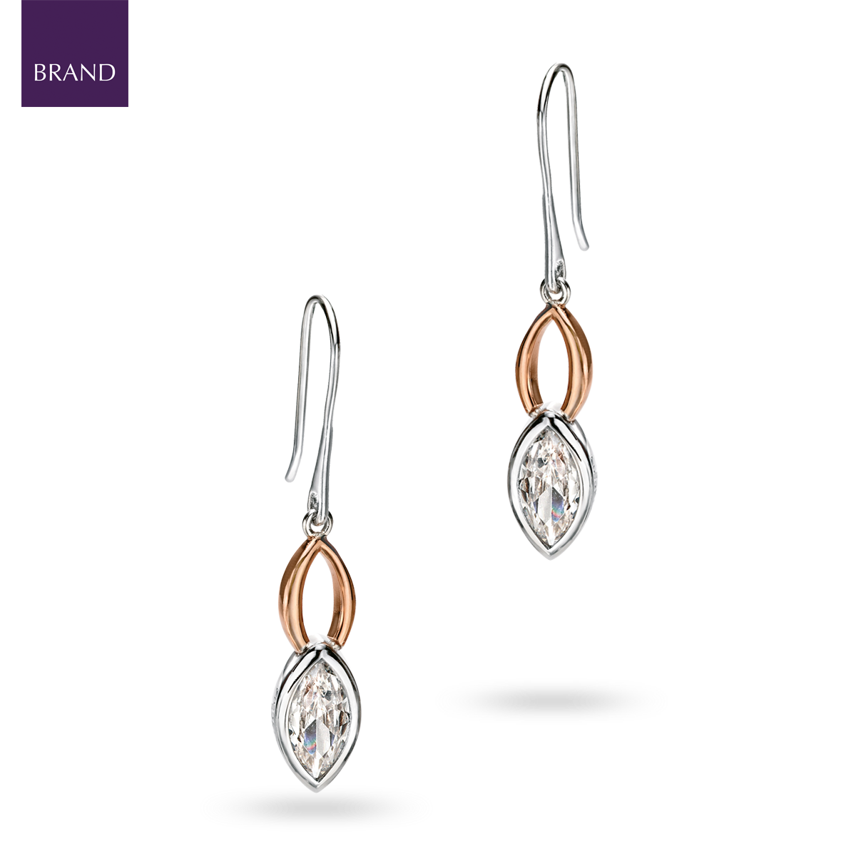 Sterling Silver & Rose Gold Plated Cubic Zirconia Double Marquise Drop Earrings
