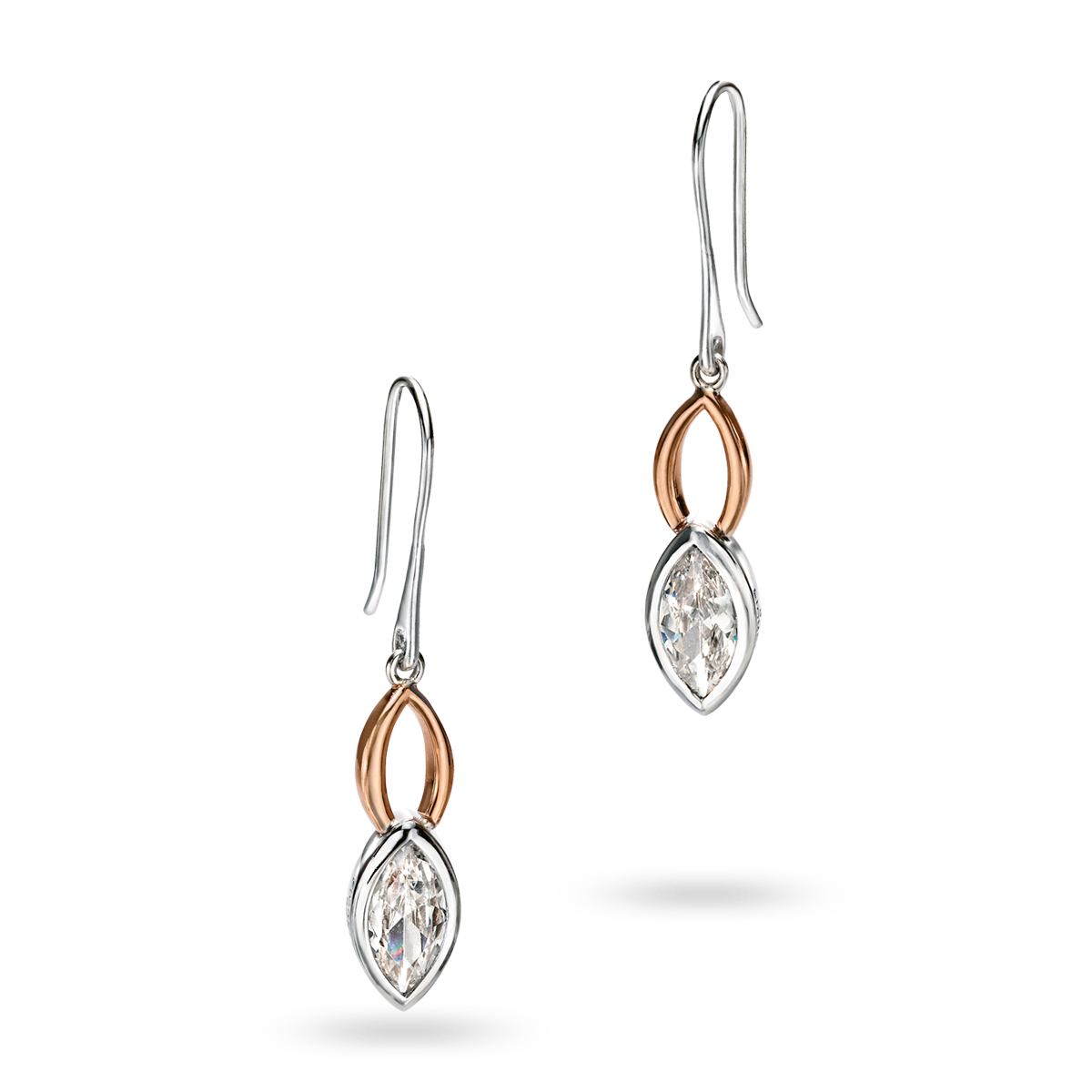 Sterling Silver & Rose Gold Plated Cubic Zirconia Double Marquise Drop Earrings