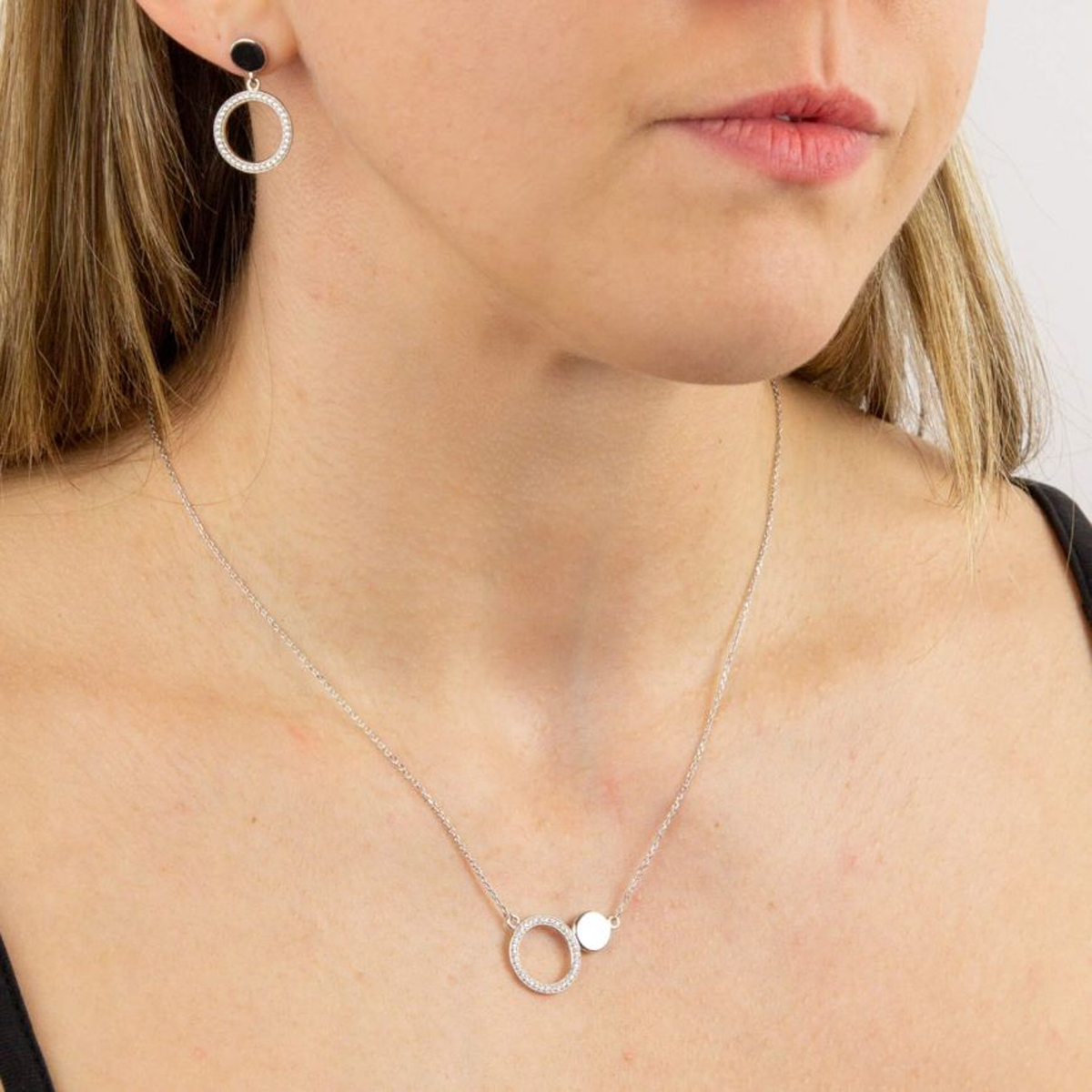 Model wears Sterling Silver Double Disc Cubic Zirconia Set Necklace