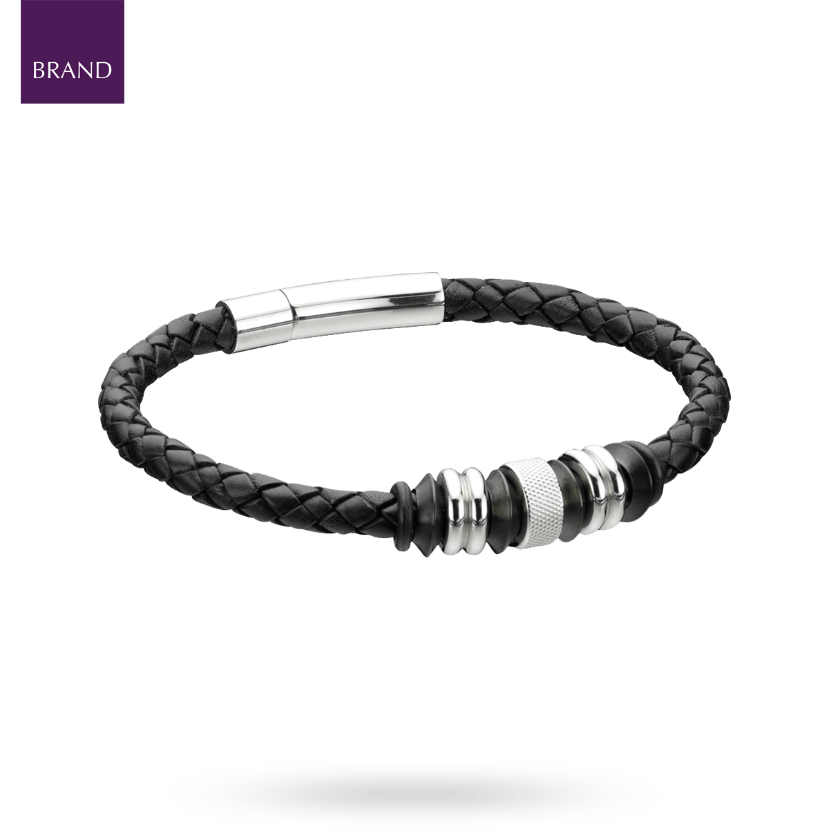 Stainless Steel Black Leather Disc Bracelet