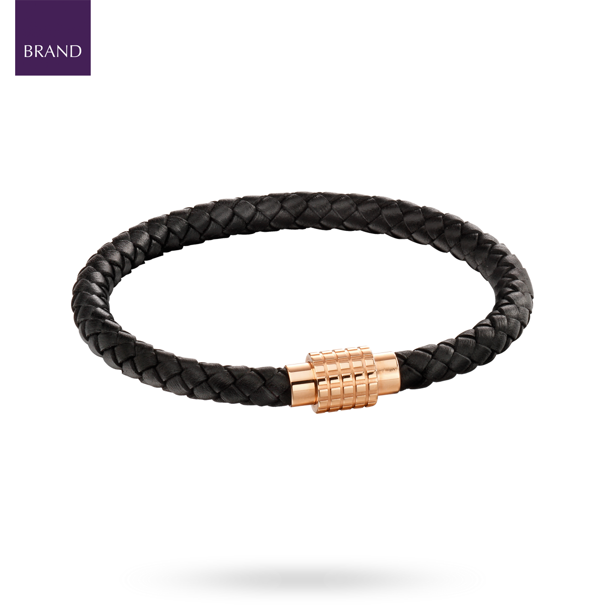 Black Leather Plait Bracelet with Hexagon Ridge Clasp