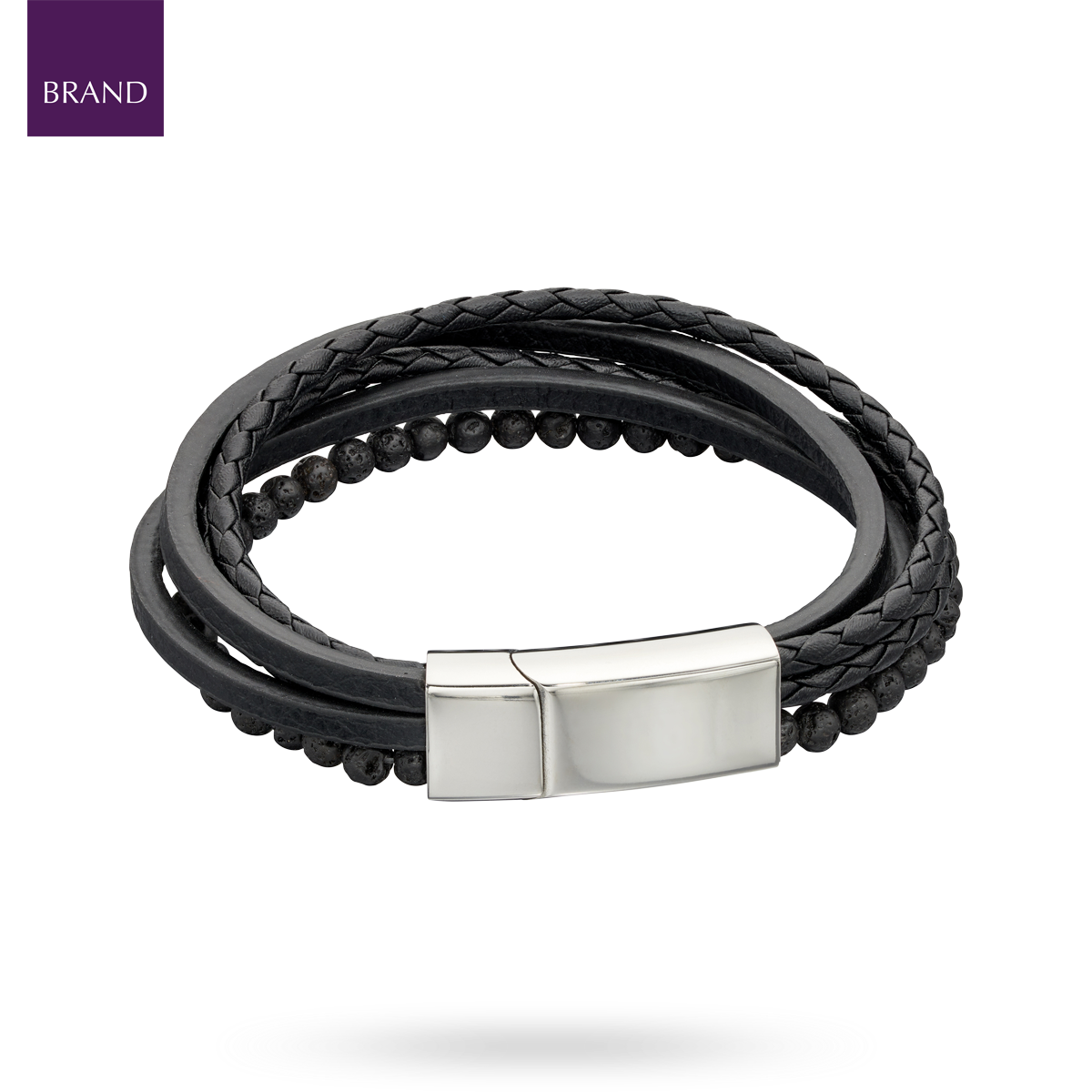 Multi Row Recycled Black Leather Bracelet with Lava Beads