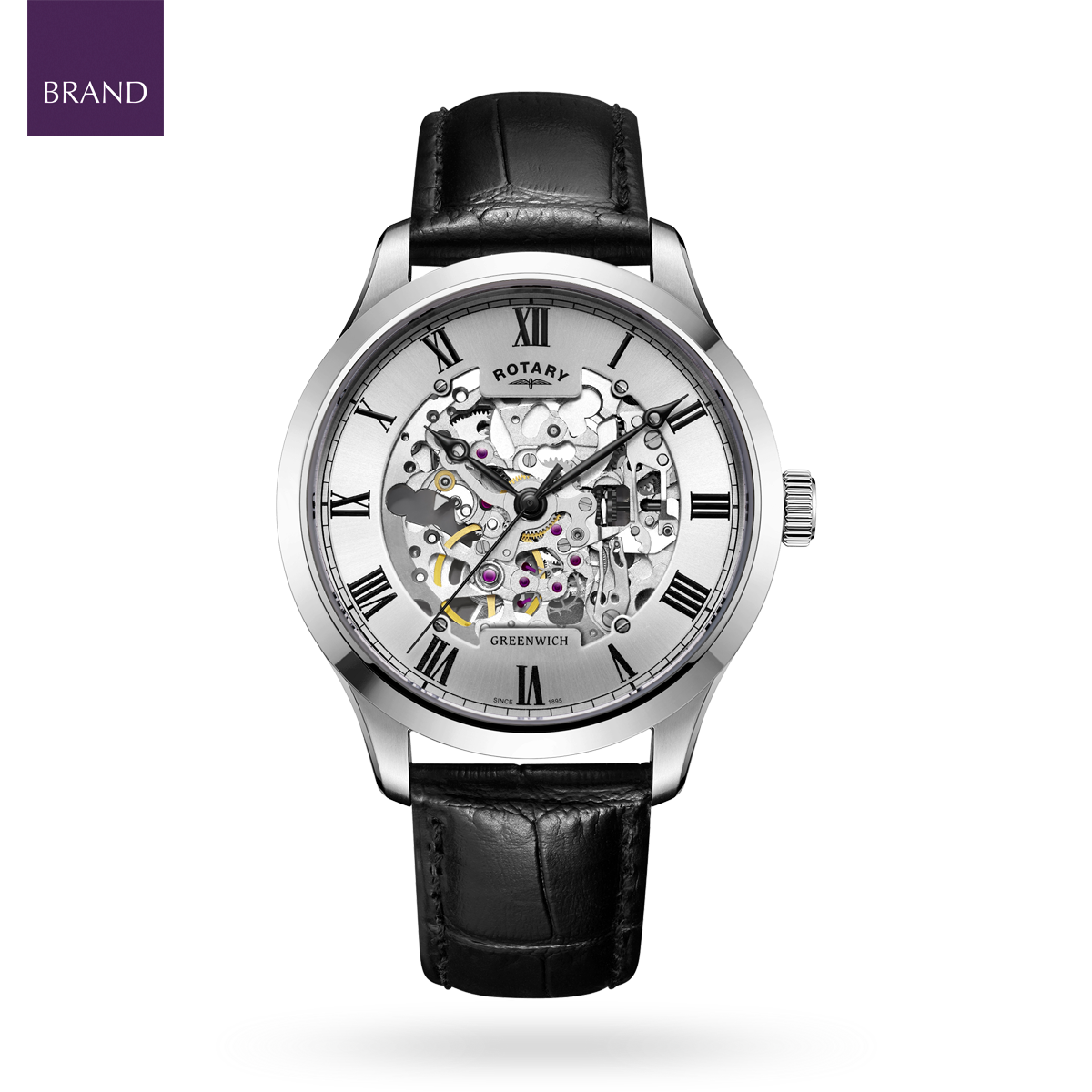 Rotary Greenwich Skeleton Automatic, Silver Dial with Black Leather Strap - GS02940/06