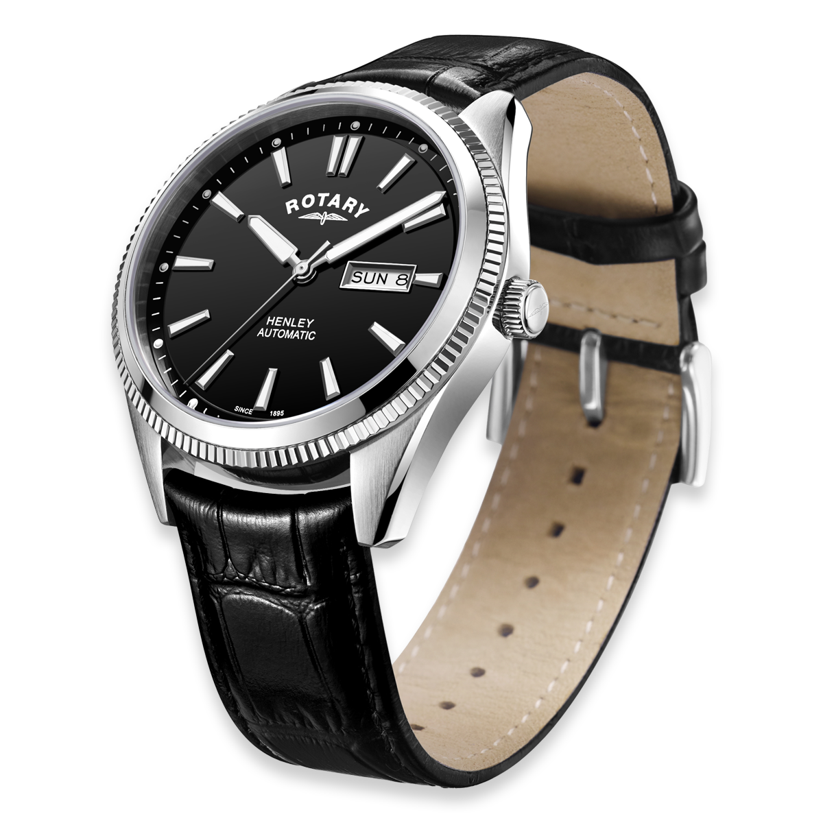 Rotary Henley Automatic Watch, Black Dial with Black Leather Strap - GS05380/04