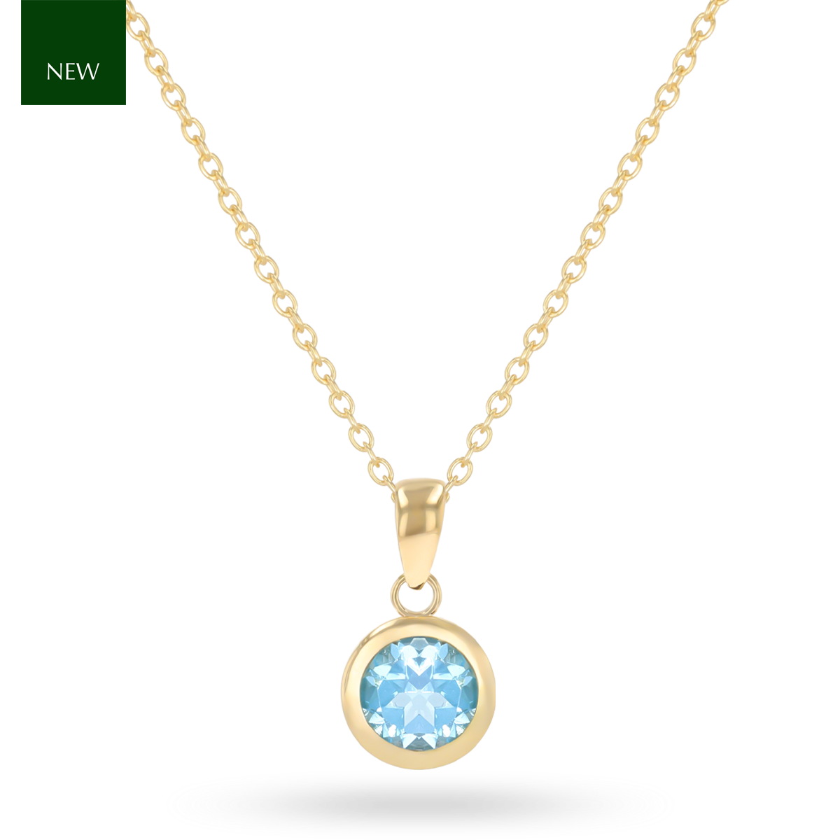 9ct Yellow Gold Round Shaped Blue Topaz Bezel Set Pendant & Chain