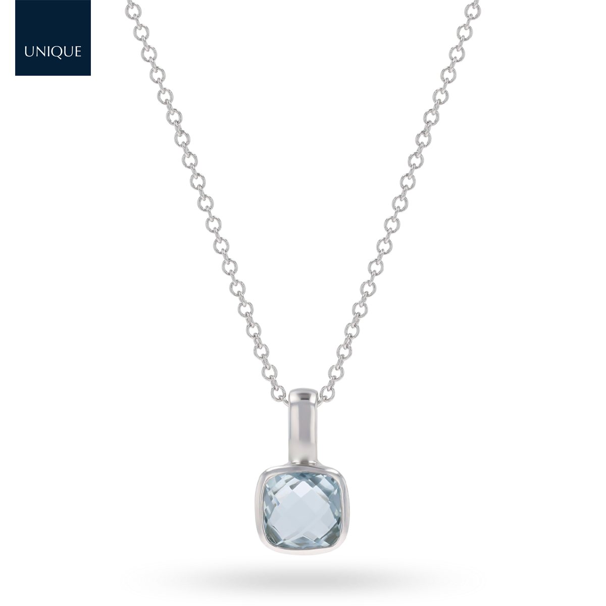 18ct White Gold Cushion Shaped Aquamarine Solitaire Pendant & Chain