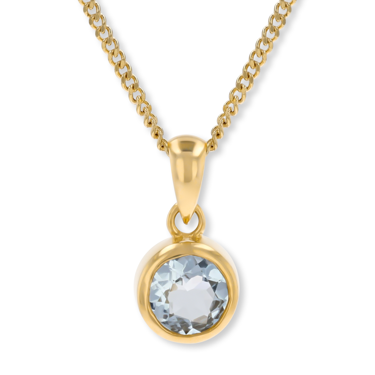 9ct Yellow Gold Round Shaped Aquamarine Bezel Set Pendant & Chain