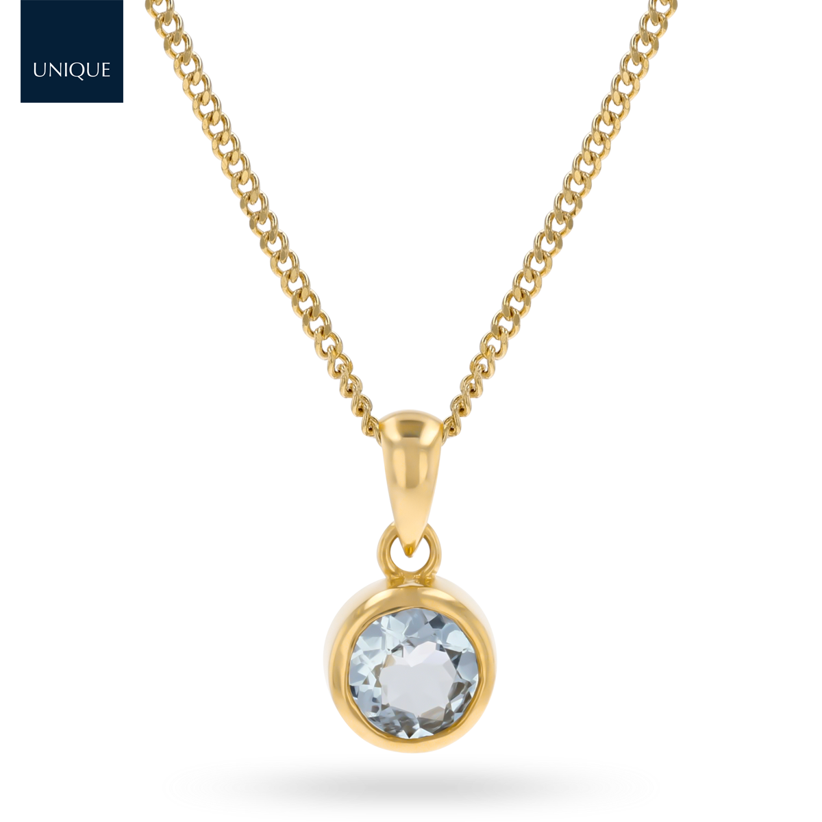 9ct Yellow Gold Round Shaped Aquamarine Bezel Set Pendant & Chain