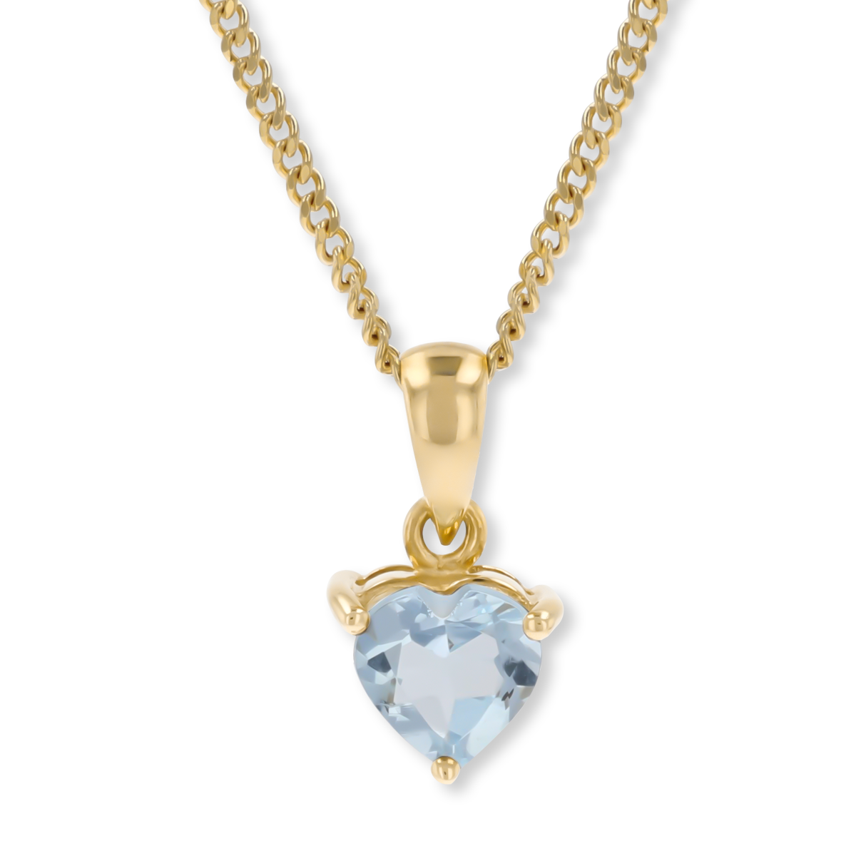 9ct Yellow Gold Heart Shaped Aquamarine Claw Set Pendant & Chain