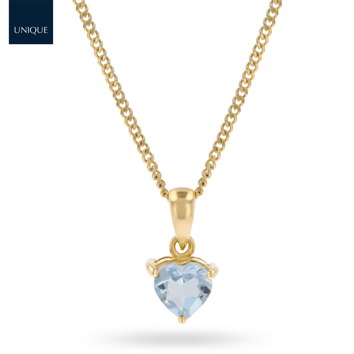 9ct Yellow Gold Heart Shaped Aquamarine Claw Set Pendant & Chain