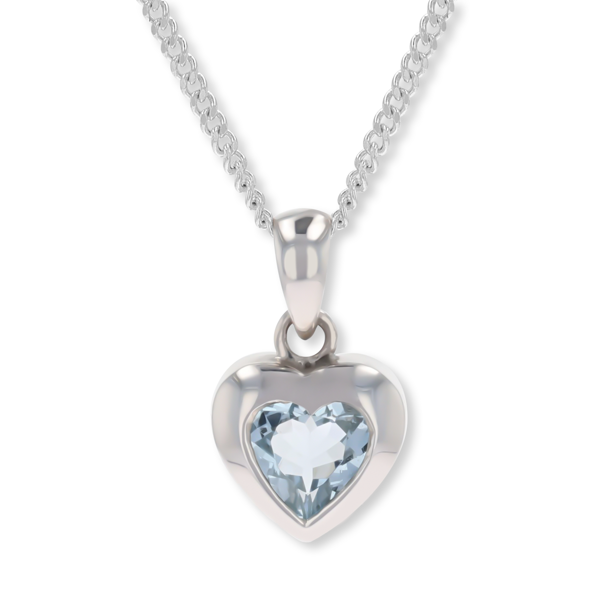 9ct White Gold Heart Shaped Aquamarine Bezel Set Pendant & Chain