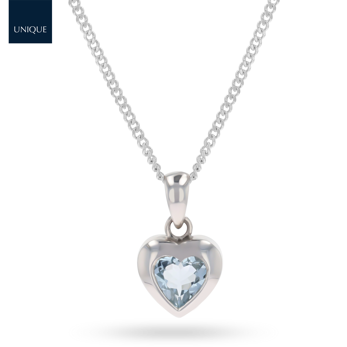 9ct White Gold Heart Shaped Aquamarine Bezel Set Pendant & Chain