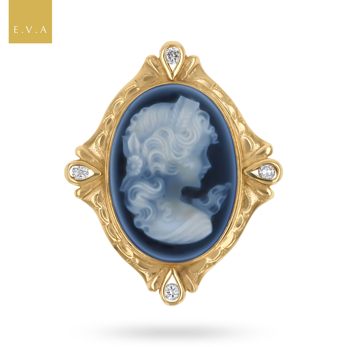 9ct Yellow Gold Onyx Cameo & Diamond Brooch