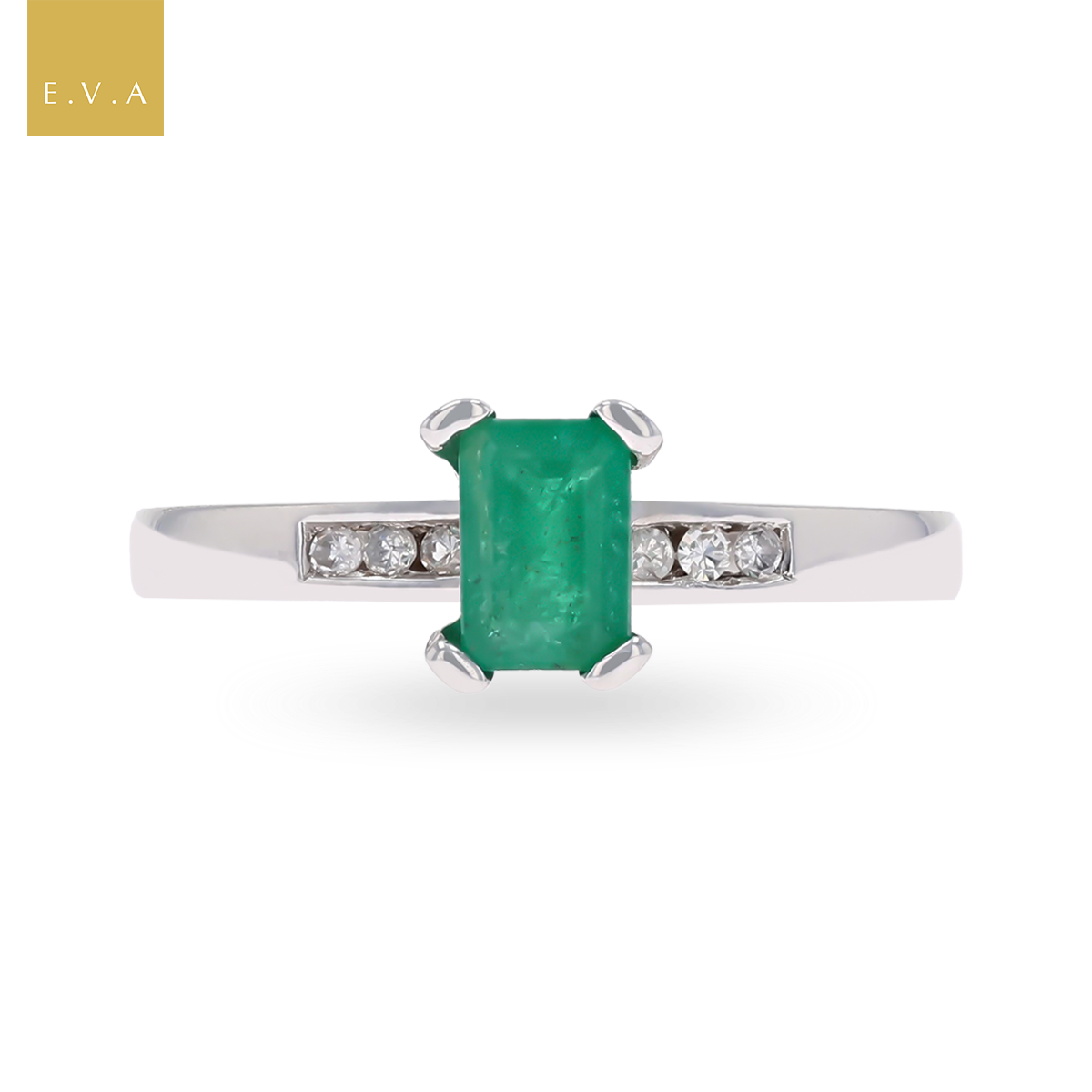 18ct White Gold Emerald Cut Emerald & Diamond Solitaire Ring