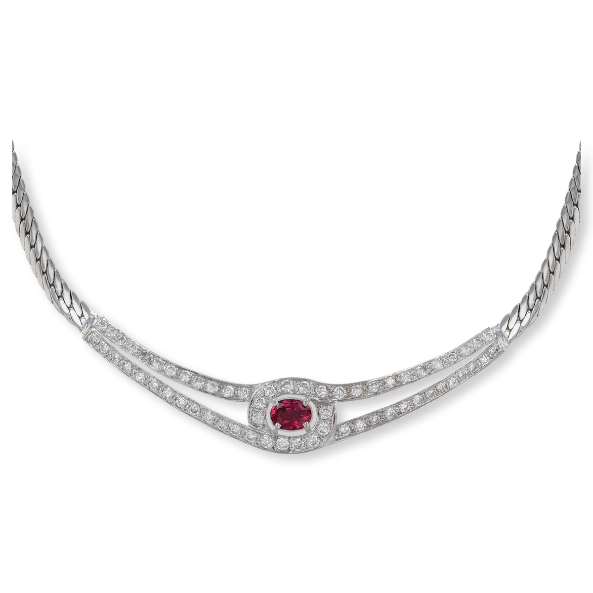 18ct White Gold Ruby & Diamond Set Herringbone Necklace
