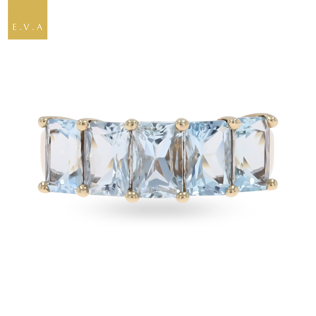 9ct Yellow Gold Radiant Cut Aquamarine Five Stone Ring