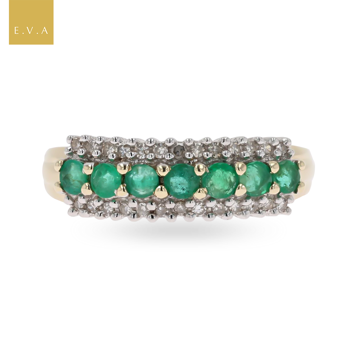 9ct Yellow Gold Emerald & Diamond Triple Row Ring