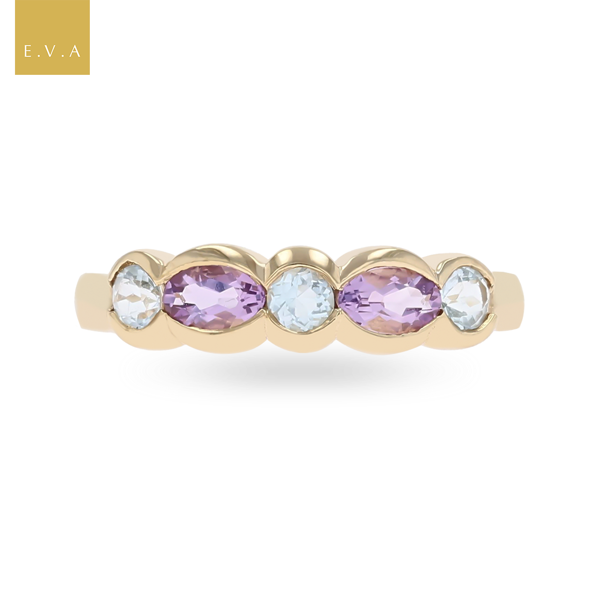 9ct Yellow Gold Blue Topaz & Amethyst Ring
