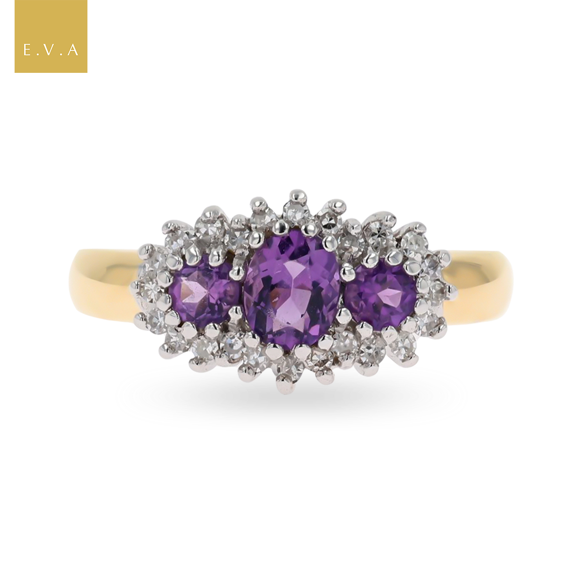 9ct Yellow Gold Amethyst & Diamond Trilogy Cluster Ring