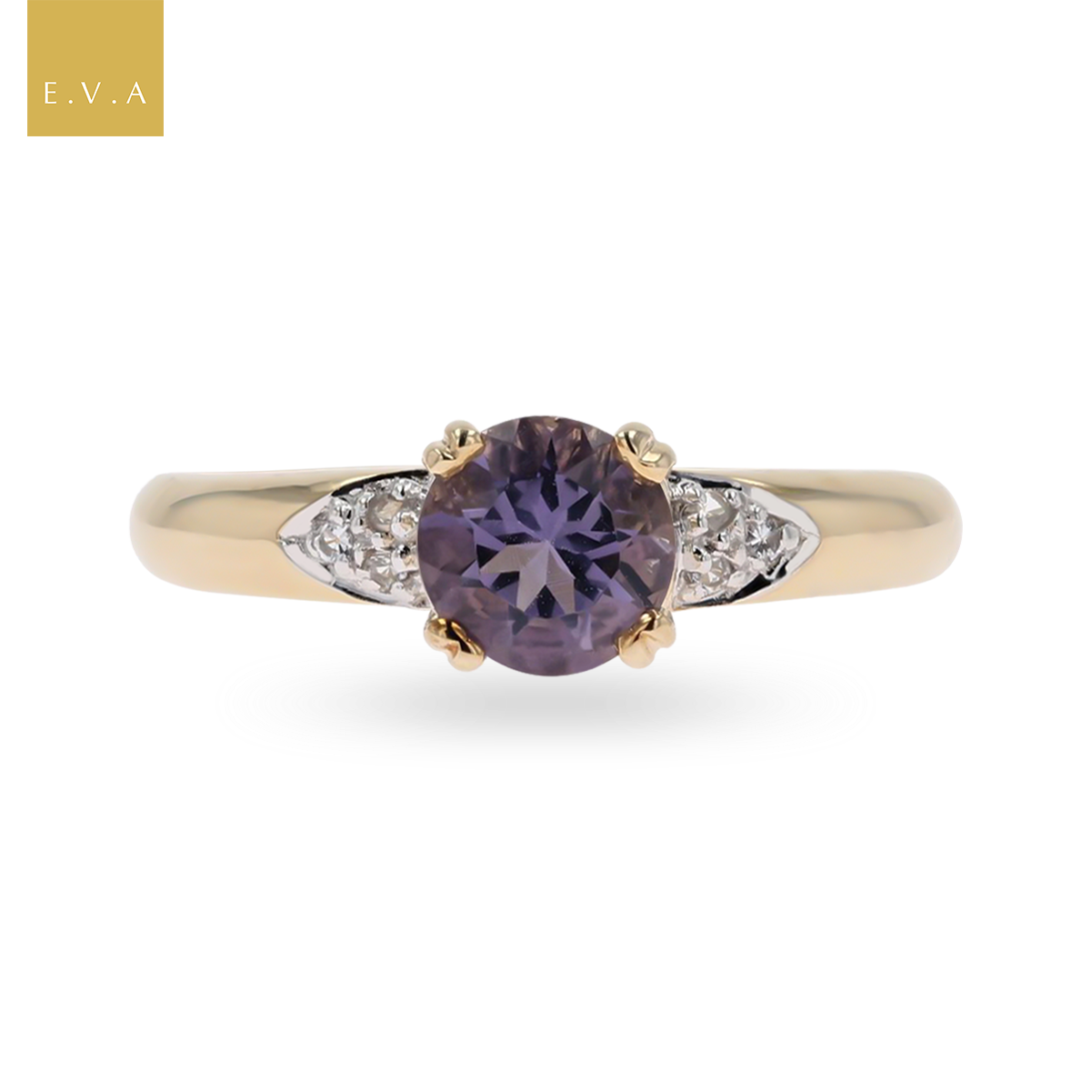 9ct Yellow Gold Iolite & Diamond Solitaire Ring