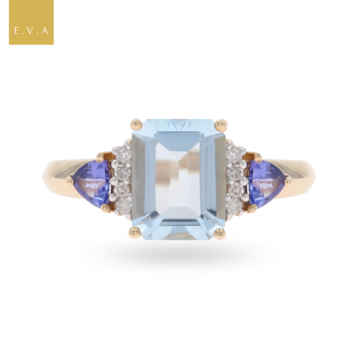 14ct Yellow Gold Emerald Cut Aquamarine, Tanzanite & Diamond Shoulders Ring