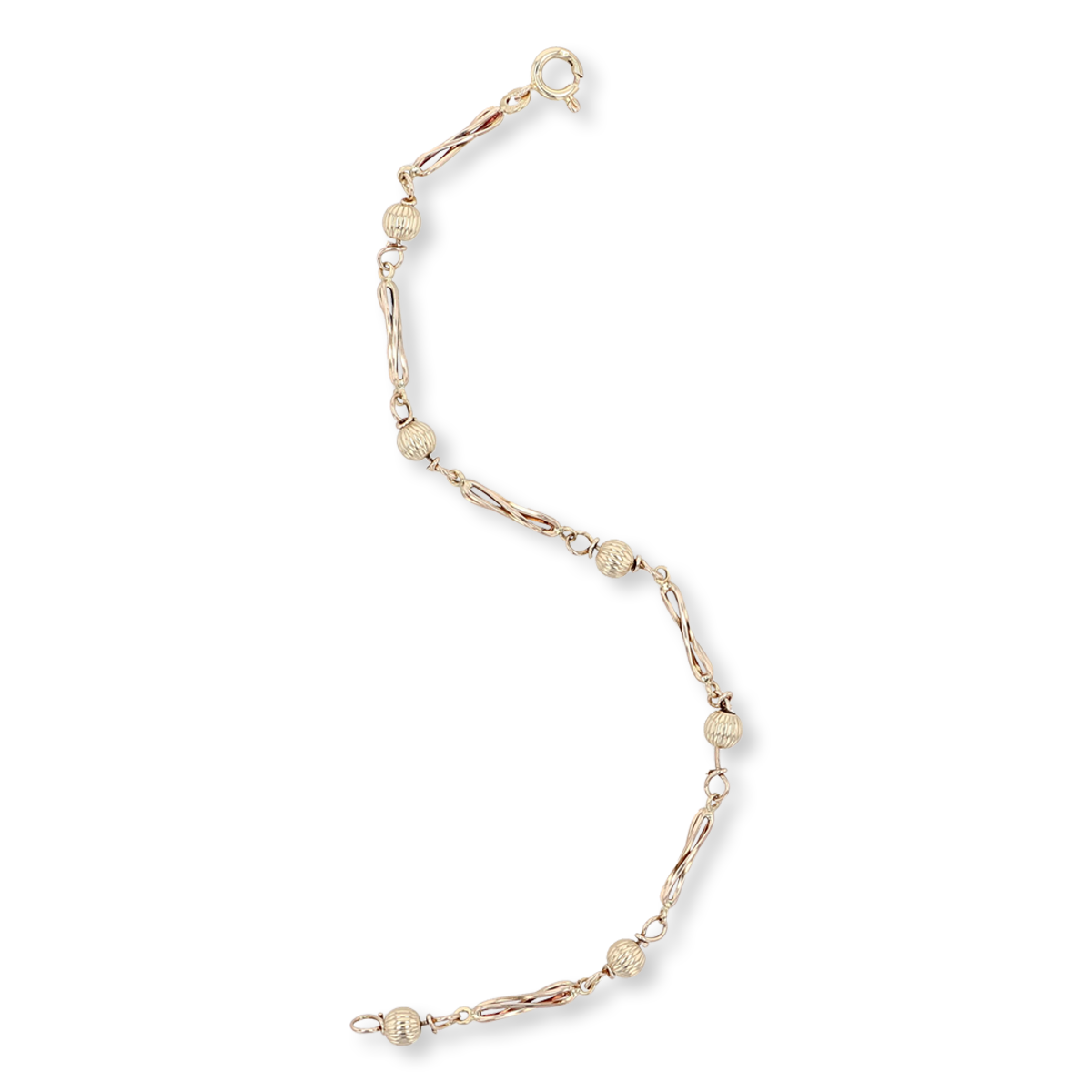 9ct Yellow Gold Ribbed Ball & Twist Bar Link Bracelet