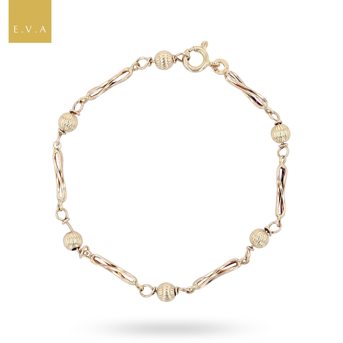 9ct Yellow Gold Ribbed Ball & Twist Bar Link Bracelet