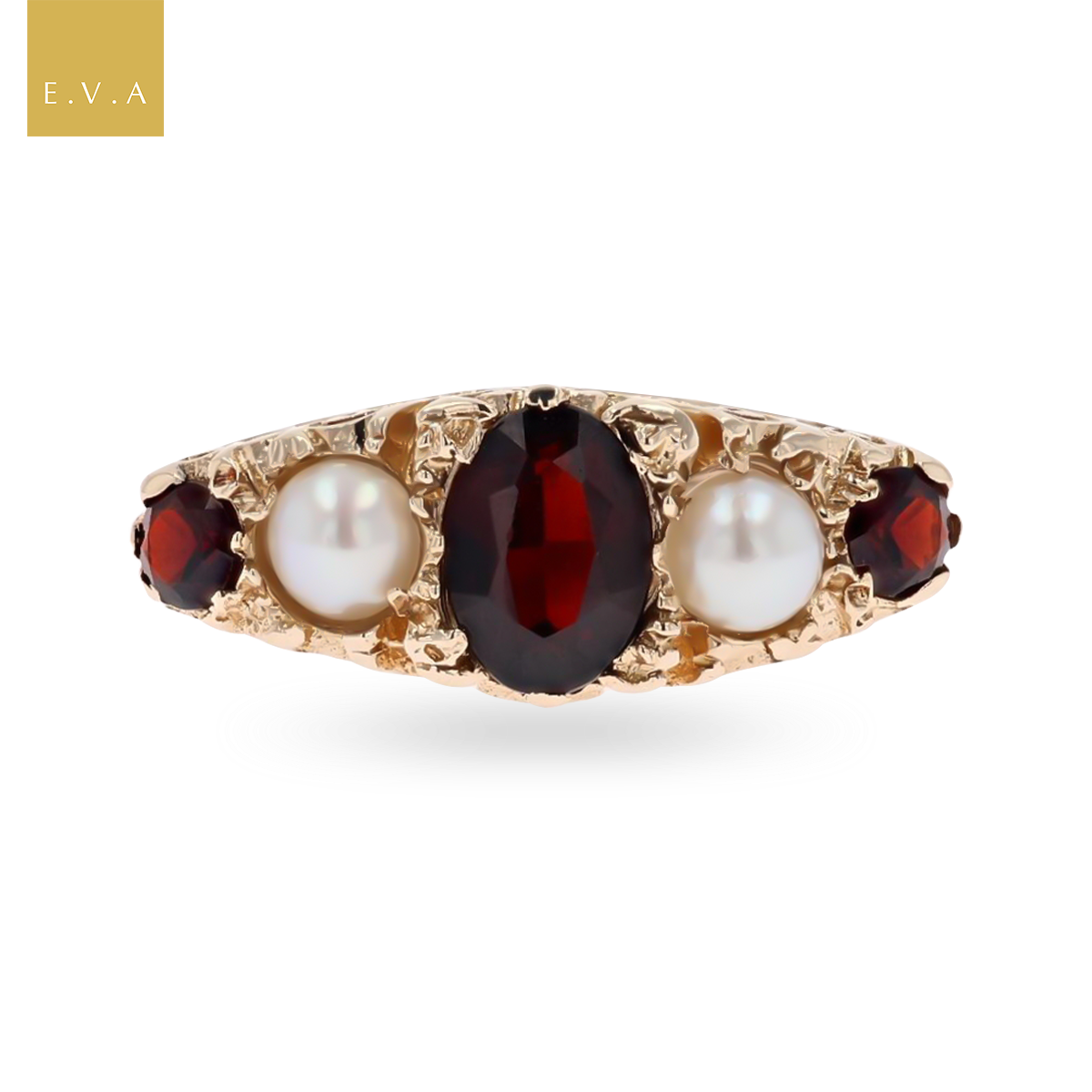 9ct Yellow Gold Cultured Pearl & Garnet "Victorian" Style Ring