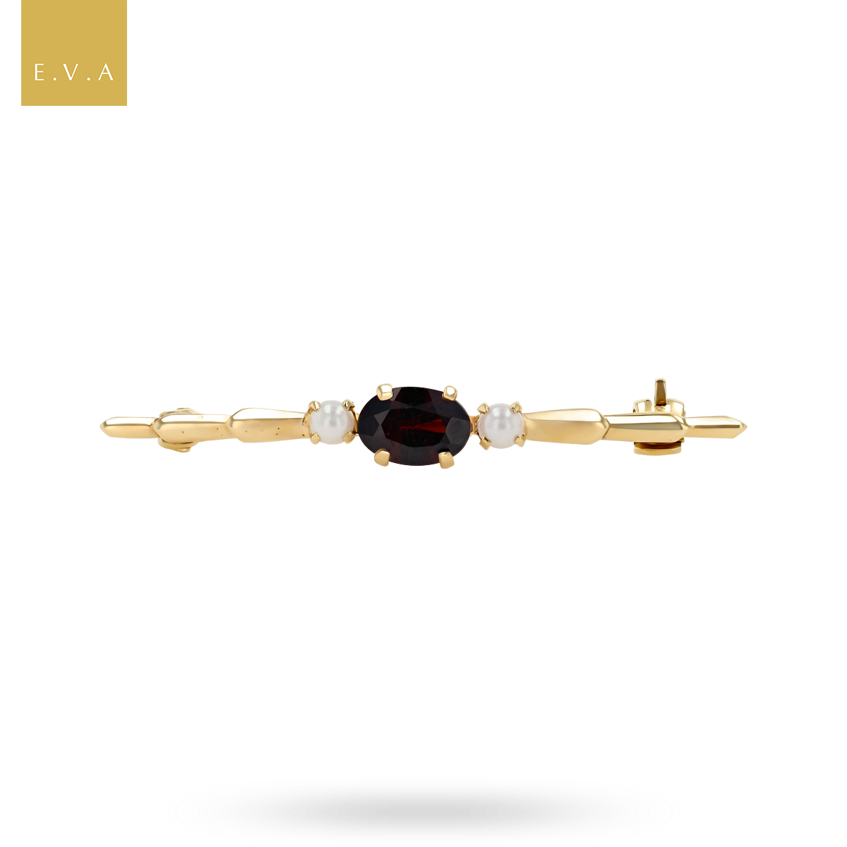 9ct Yellow Gold Garnet & Cultured Pearl Bar Brooch