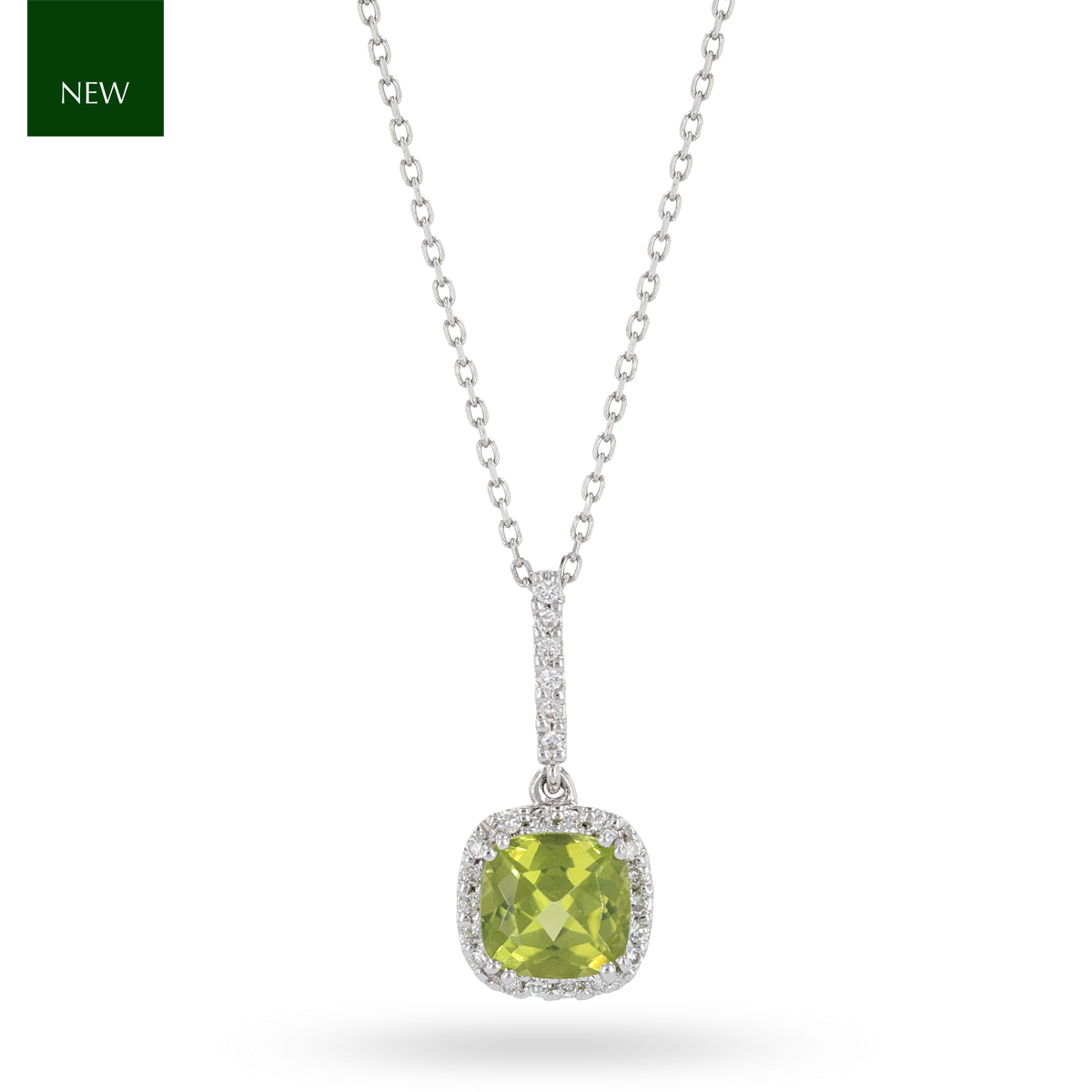 9ct White Gold Peridot & Diamond Halo Pendant & Chain