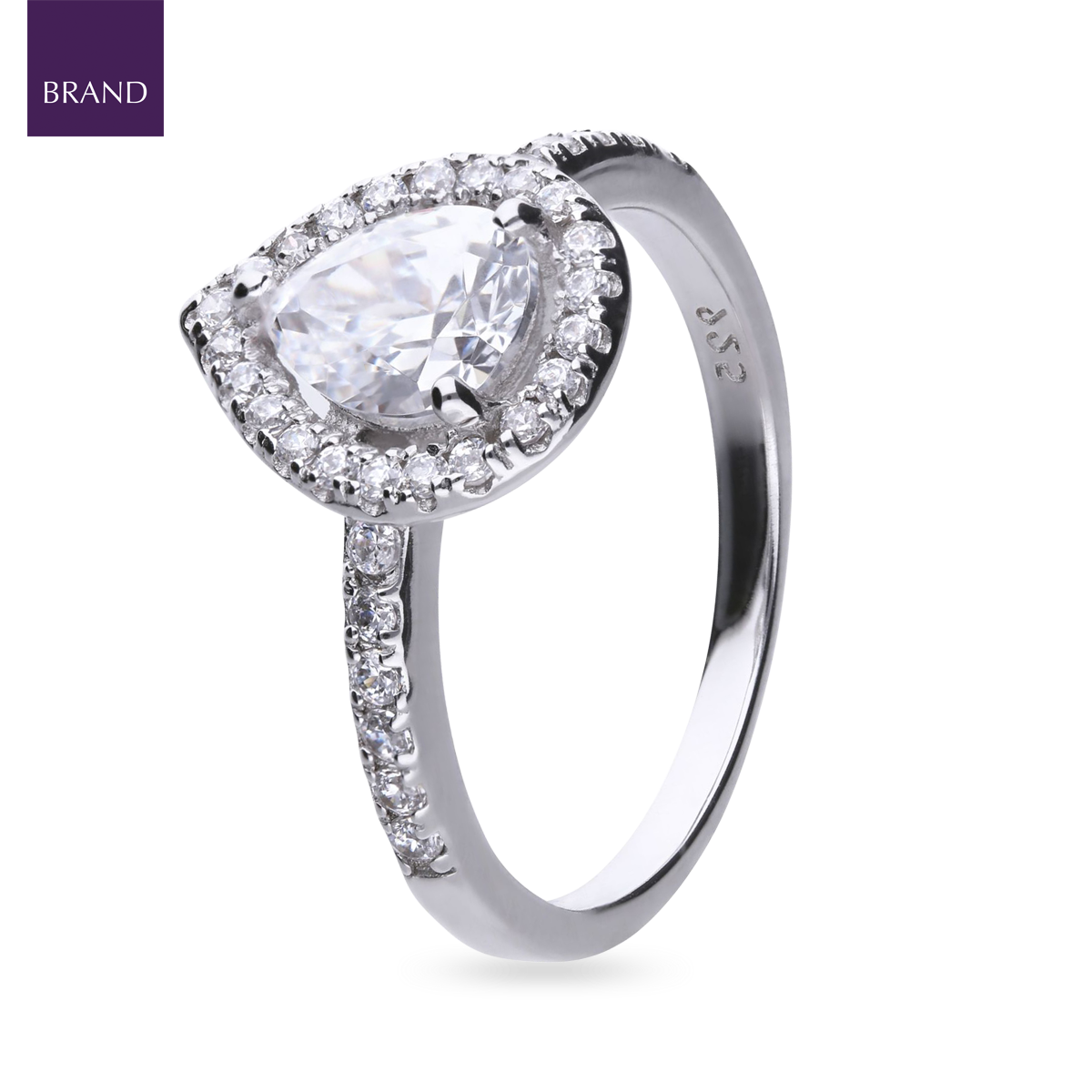 Sterling Silver Teardrop Cubic Zirconia Halo and Shoulders Set Ring