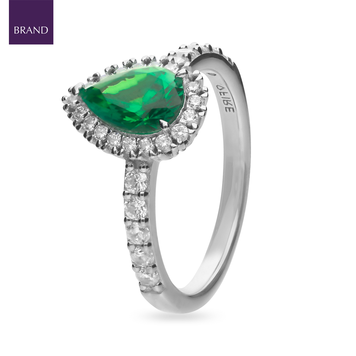 Sterling Silver Teardrop Green Cubic Zirconia Halo & Shoulders Ring
