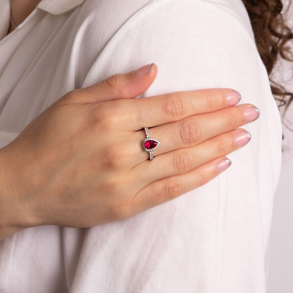 Sterling Silver Teardrop Red Cubic Zirconia Halo & Shoulders Ring - Model