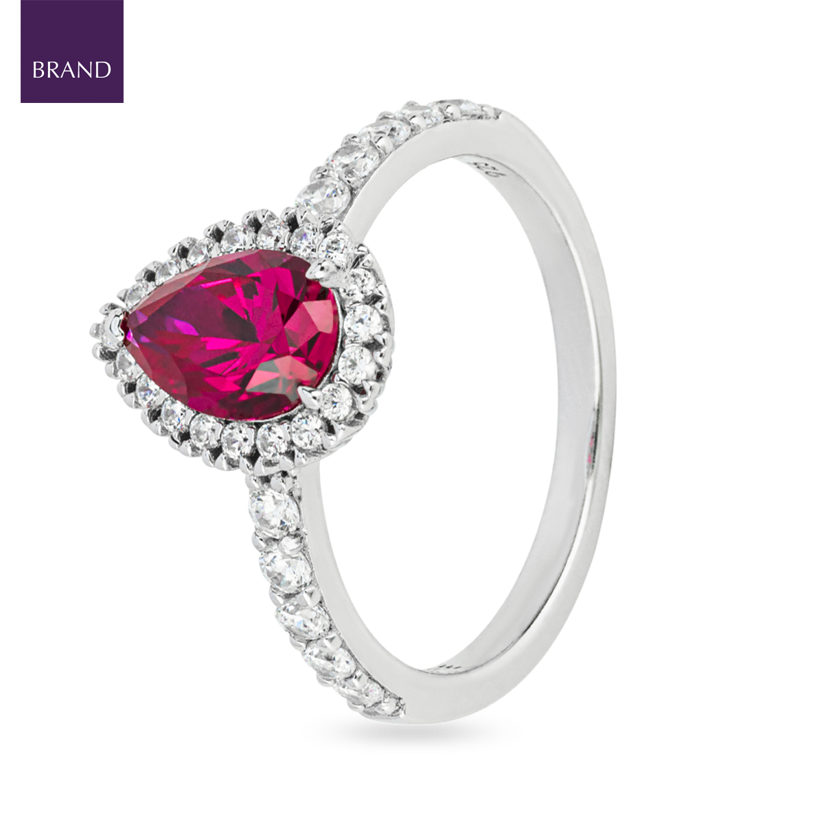 Sterling Silver Teardrop Red Cubic Zirconia Halo & Shoulders Ring