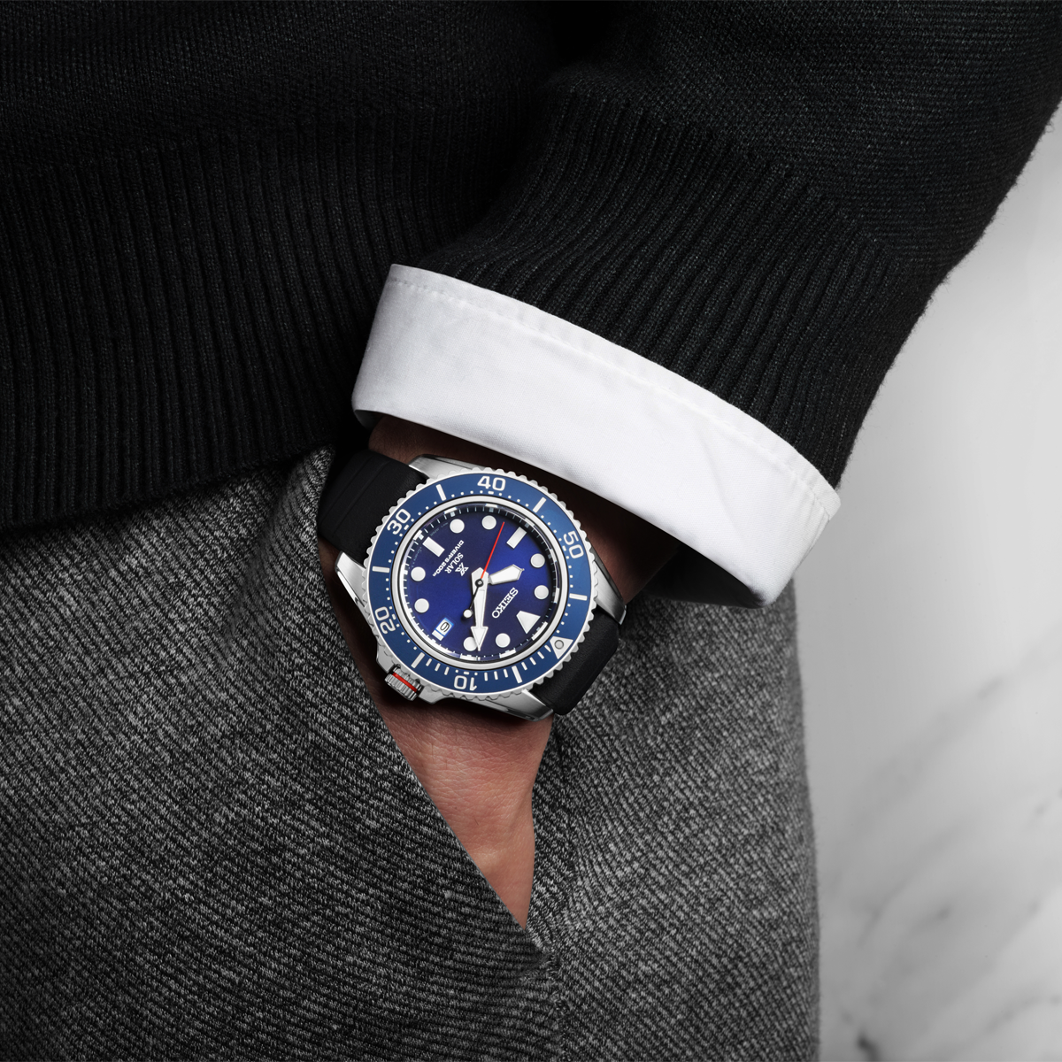 Seiko Prospex Solar Diver, Blue Bezel with Black Silicone Strap - SNE593P1