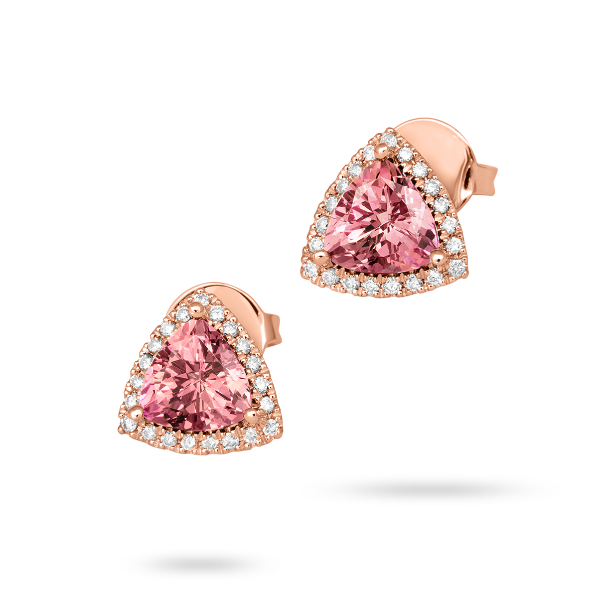 18ct Rose Gold Morganite & Diamond Trilliant Halo Earrings