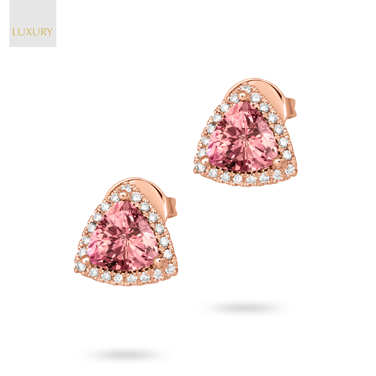 18ct Rose Gold Morganite & Diamond Trilliant Halo Earrings