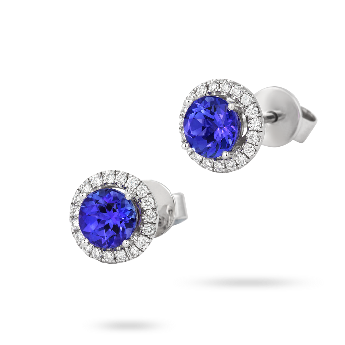 18ct White Gold Tanzanite & Diamond Round Halo Earrings