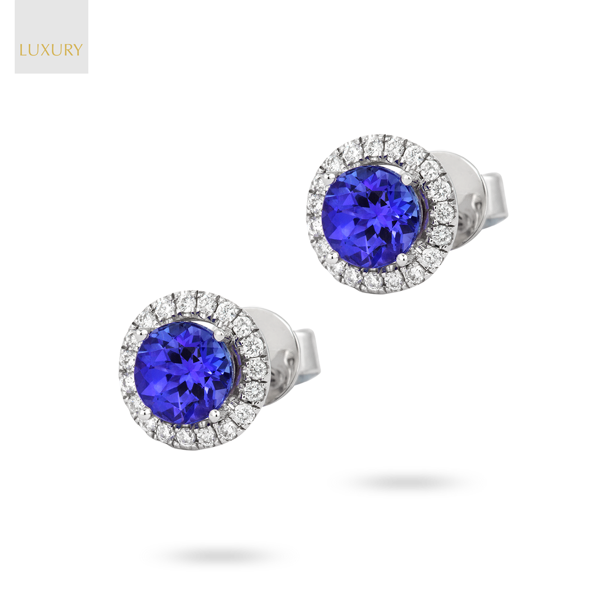 18ct White Gold Tanzanite & Diamond Round Halo Earrings