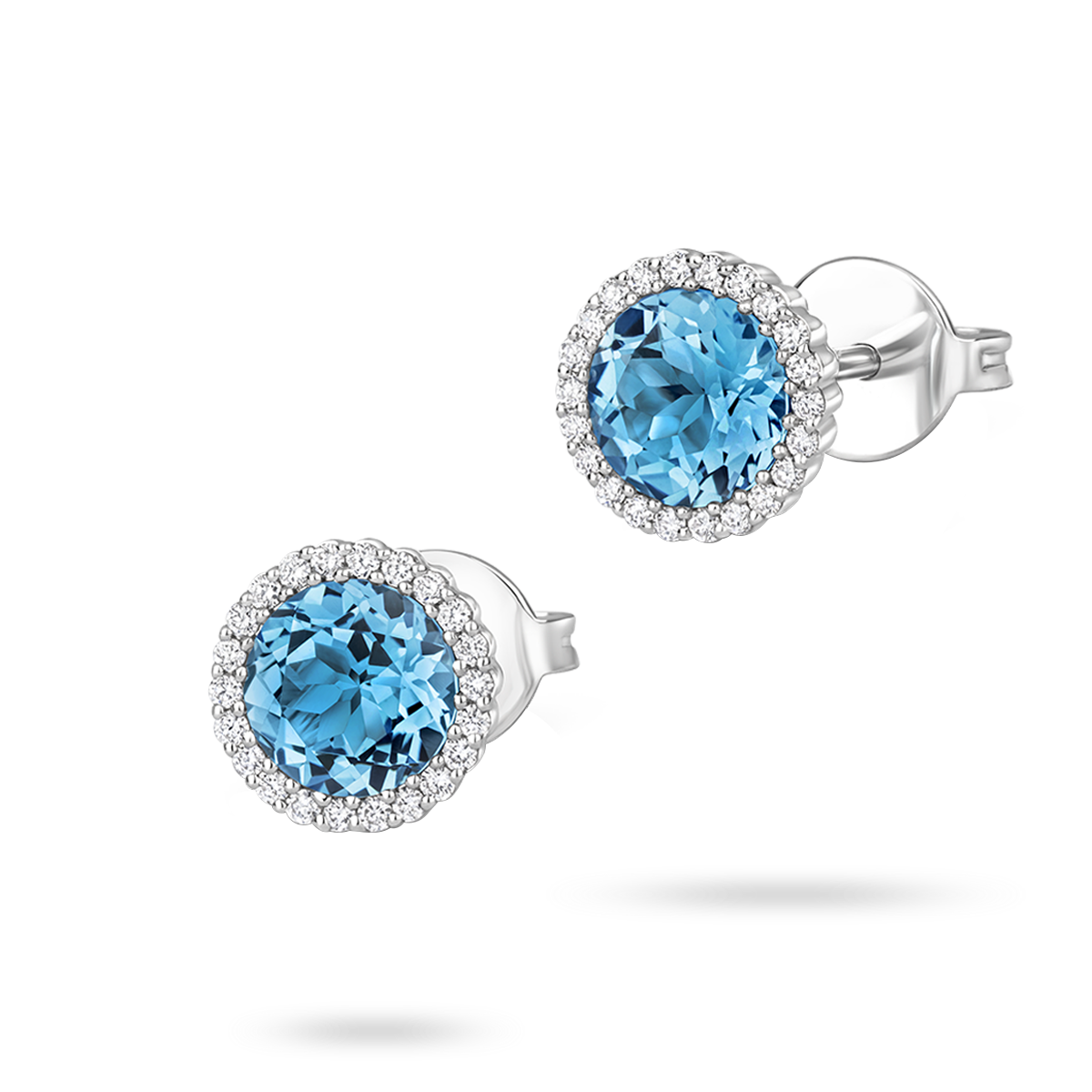 18ct White Gold Blue Topaz & Diamond Round Halo Earrings