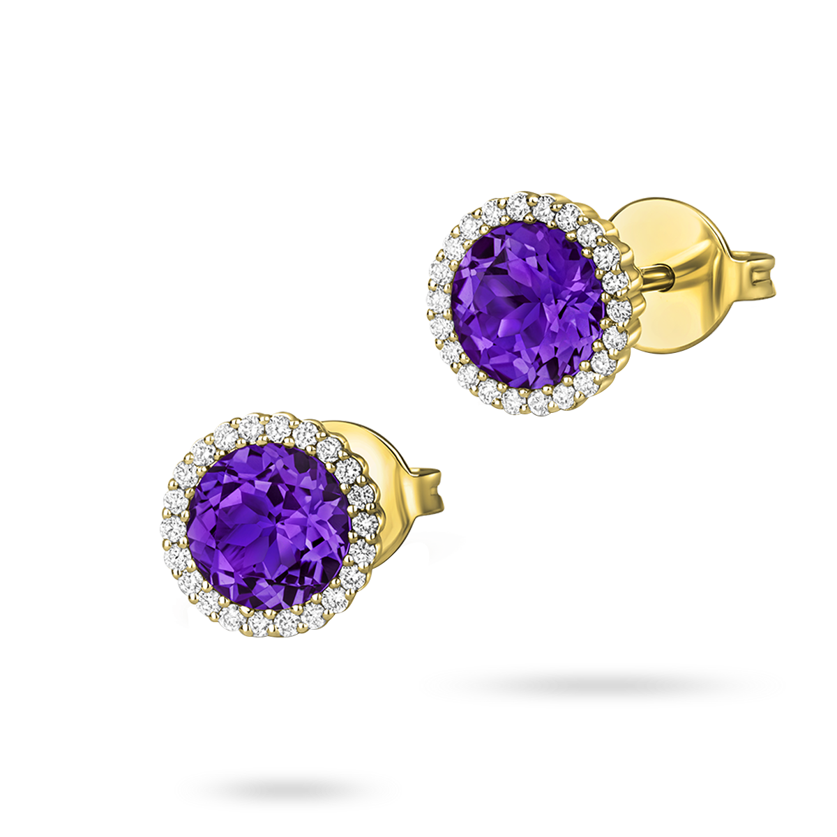 18ct Yellow Gold Amethyst & Diamond Round Halo Earrings