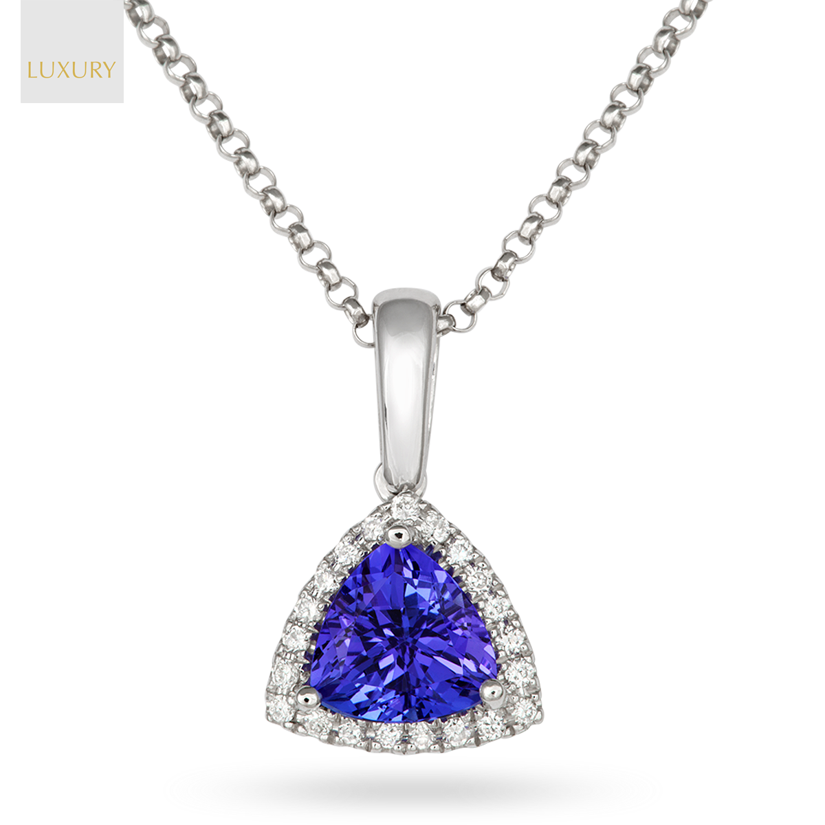 18ct White Gold Tanzanite & Diamond Trilliant Halo Pendant