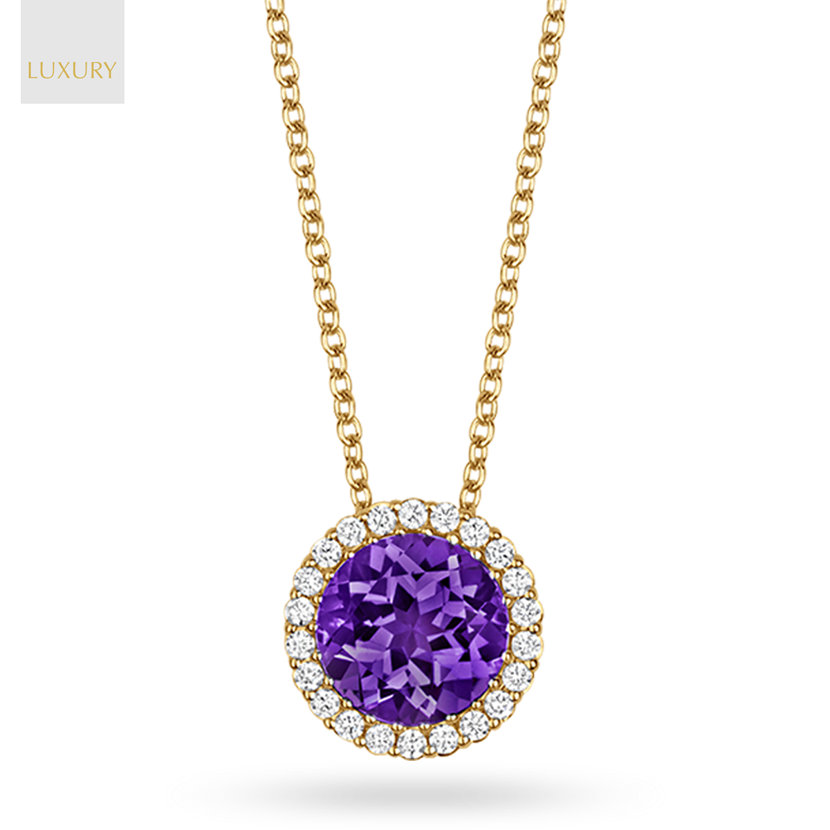 18ct Yellow Gold Amethyst & Diamond Round Halo Pendant