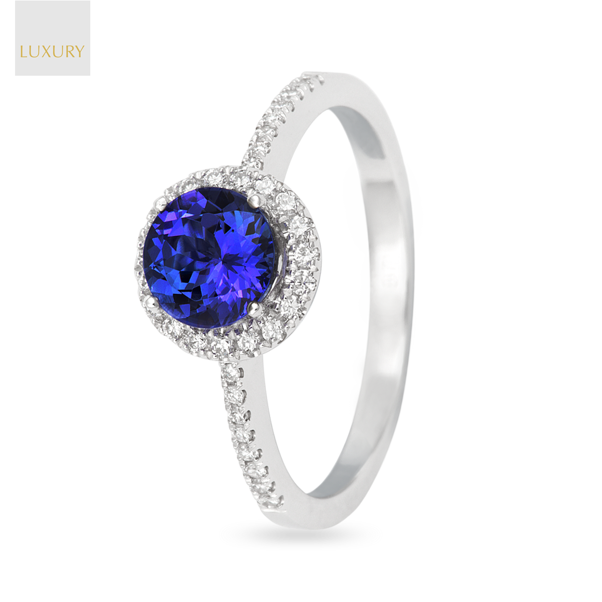 18ct White Gold Tanzanite & Diamond Round Halo With Shoulders Ring