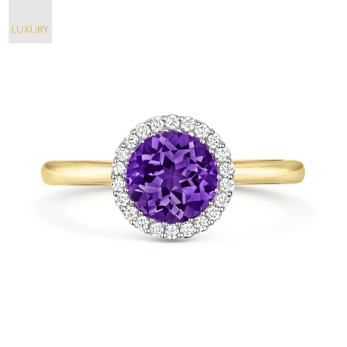18ct Yellow Gold Amethyst & Diamond Round Halo Ring