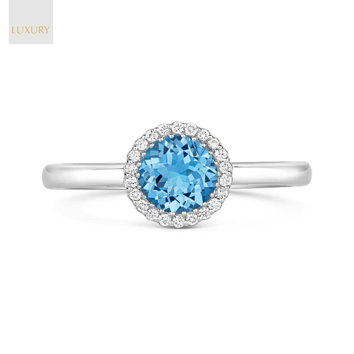 18ct White Gold Blue Topaz & Diamond Round Halo Ring